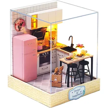 Dřevěná hračka Dřevěný domeček pro panenky 11,5 x 9 x 9 cm DIY stavebnice Mini 3D puzzle s nábytkem a krytem Ručně vyráběná dekorace Dárek pro děti