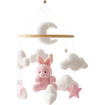 Létající drak Závěsný kolotoč nad postýlku 45 x 25 cm Plyšový králíček hnědý nebo růžový, měsíček, bílé obláčky, dřevěný kruh a korálky růžová