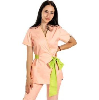 Zdravotnický oděv Broskvové kimono pro lékaře s limetkovým lemováním a motýlkovou šňůrkou