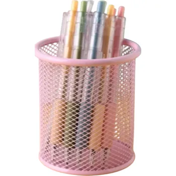 Kovový síťovaný držák na tužky 9,5x9 cm Čtvercový organizér na psací potřeby Odolný kelímek na pero Kancelářský stolní úložný box světle růžová