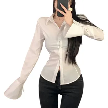 Dámská košile Dámská košile s dlouhým rukávem Šněrování na zádech Přiléhavý střih Zapínání vpředu Elegantní halenka na večer i do práce bílá L