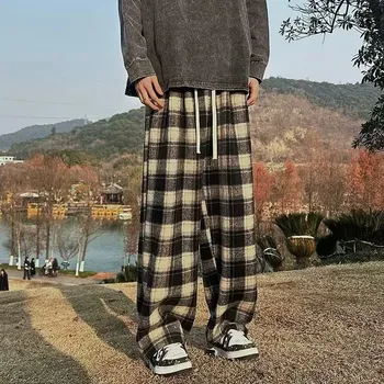 Pánské kalhoty volné kalhoty s kostkovaným vzorem, retro streetwear Barva: Černá, Velikost: 3XL