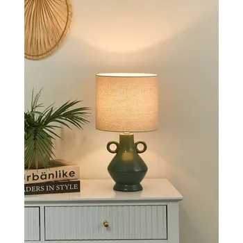 Lampička Stolní lampa zelená keramická základna látkové stínidlo ve tvaru bubnu ambientní osvětlení světlo na stůl Beliani