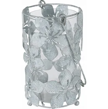 Obraz Mini lucerna KVĚTINY kovová, závěsná 17 x ⌀10 cm, rustikální šedá
