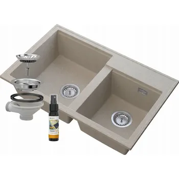 Granitový dřez DŘEZ DVOUKOMOROVÝ BÉŽOVÝ GRANIT SIFON CHROM HEKTOR