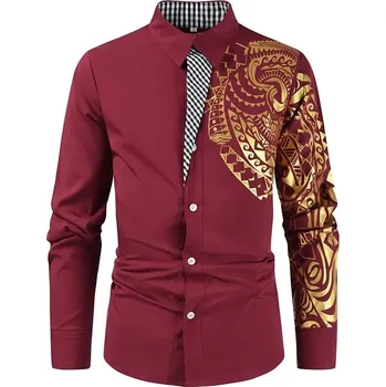 Pánská košile Pánská košile se zlatým potiskem a dlouhým rukávem Barva: Vínová, Velikost: XL