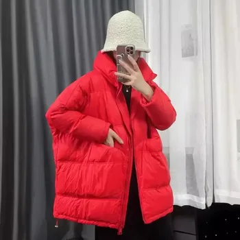 Dámská parka Volná zimní bunda s kapucí a prošíváním pro ženy Barva: Červená, Velikost: M