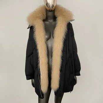Dámská parka Dámská zimní bunda s pravou kožešinou a peřím Barva: Černá, Velikost: M