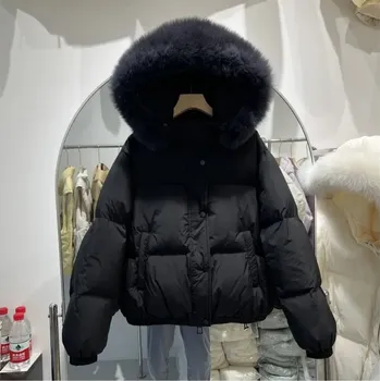 Dámská parka dámská péřová bunda s velkým límcem z kožešiny Barva: Černá, Velikost: M