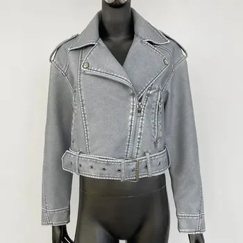 Dámský křivák Kožená bunda moto stylu s páskem a kovovým zipem Barva: Světle Šedá, Velikost: XL