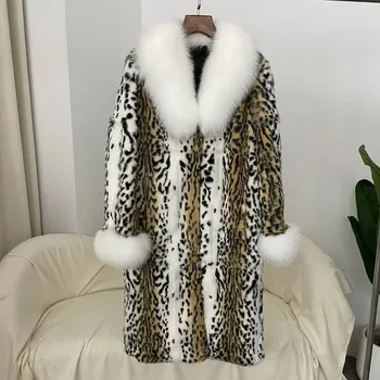 Dámský kabát kabát z králičí kožešiny s leopardím vzorem a límcem z lišky Velikost: S, Barva (Varianta): Yellow white
