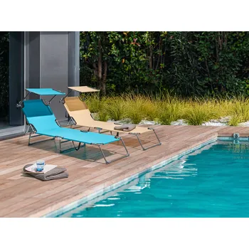 Zahradní lehátko Zahradní lehátko tyrkysové polyester s ocelovou sluneční stříškou potahovatelnou v 5 polohách zahrada terasu balkon Beliani