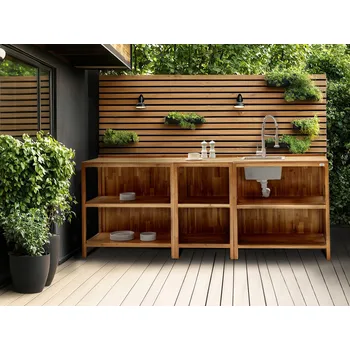 Zahradní stůl Venkovní kuchyňský ostrůvek s dřezem a baterií hnědý a stříbrný akáciové dřevo 50 x 80 x 90 cm zahrada letní kuchyně Beliani