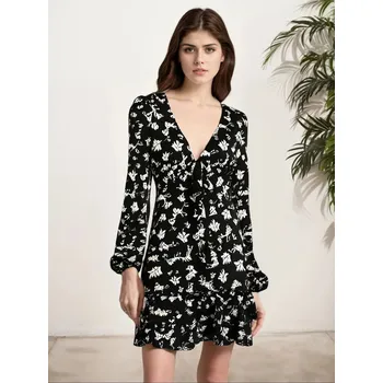 Dámské šaty květinové šaty s dlouhým rukávem – volný lehký styl Barva: Černá, Velikost: L