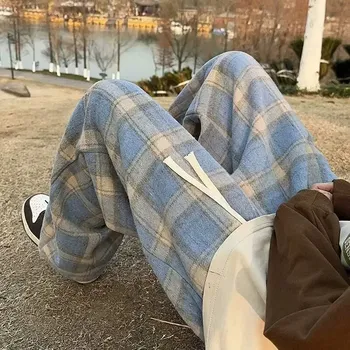 Pánské kalhoty volné kalhoty s kostkovaným vzorem, retro streetwear Barva: Modrá, Velikost: M