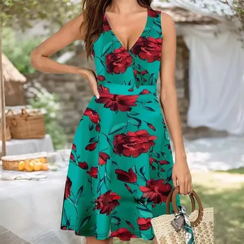 Dámské šaty Letní květované šaty bez rukávů s výstřihem a lehkou sukní Velikost: 2XL, Barva (Varianta): barva 3