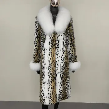 Dámský kabát zimní kabát s leopardím vzorem a límcem z pravé kožešiny Velikost: XL, Barva (Varianta): Yellow white