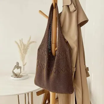 Kabelka Letní plážová kabelka | dámská velká pletená taška - Kávová