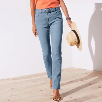 Dámské kalhoty Rovné kalhoty s páskem, pro menší postavu sepraná modrá 42