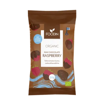 Sušená potravina Foodin maliny v raw čokoládě vegan, bio bez přidaného cukru 50 g