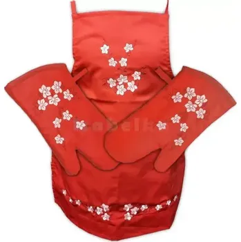 Chňapka Kuchyňská zástěra a chňapky s výšivkou orchideje červená 27-1