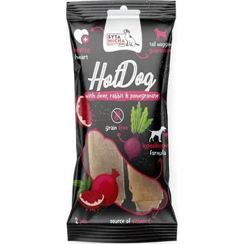 Pamlsek pro psa Syta Micha HOT DOG kousátko pro psa Králík s granátovým jablkem v jelení kůži 2 ks
