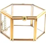 Skleněná šperkovnice s průhledným víkem a kovovým řetízkem - Zlatá