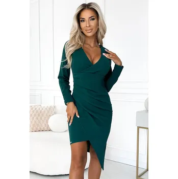 Dámské oblečení 290-3 Asymetrické šaty s dlouhým rukávem, výstřihem a řasením - ZELENÁ NUMOCO tyrkysová 3047733