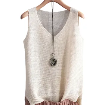 Dámský pletený top bez rukávů s výstřihem do V Elegantní vzdušný úpletový tílko volného střihu Letní top do kanceláře i na volný čas béžova
