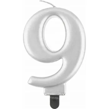 Dortová svíčka SVÍČKA OZDOBA na dort číslo 9 NAROZENIN metalická STŘÍBRNÁ velká 8,0 cm
