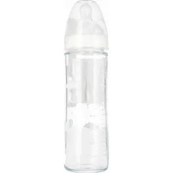 Láhev SKLENĚNÁ LÁHEV pro miminko s dudlíkem, objem 240 ml, 0-6 měsíců, BÍLÁ