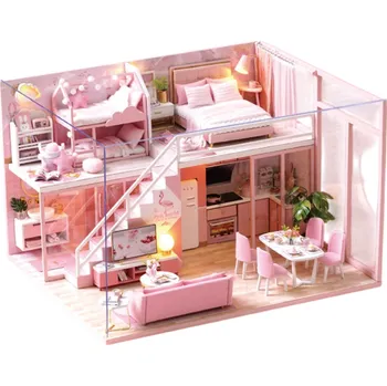 Dřevěná hračka Dřevěný mini domeček pro panenky 24,5 x 20,5 x 15,6 cm DIY stavebnice s nábytkem a krytem Ručně sestavitelný model Miniaturní 3D puzzle hračka dárek