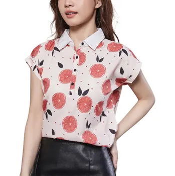 Dámská halenka Dámská halenka s ovocným potiskem Růžová halenka s grepem a bílým límečkem Krátký rukáv Letní top s knoflíky do pasu XL