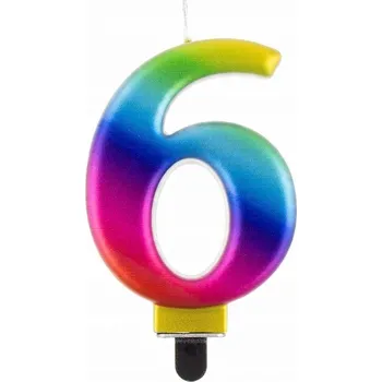 Dortová svíčka Narozeninová svíčka číslice 6 dekorace na dort 8 cm DUHOVÁ metalická
