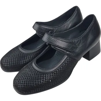 Dámské lodičky F 108 - 100 černé dámské kožené lodičky na širším podpatku, sportovní styl; DV 37