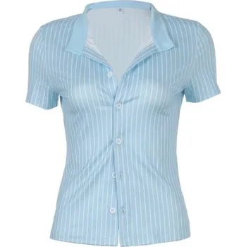 Dámská pruhovaná košile s krátkým rukávem Elegantní crop halenka s knoflíky Stylová upnutá letní košile Ležérní top do pasu modrá S
