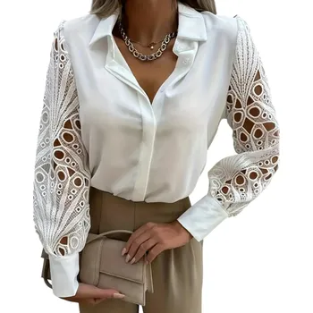 Dámská halenka Dámská elegantní halenka s dlouhým krajkovým rukávem Průsvitné zdobení Výstřih do V Košilový límeček Stylový top do práce i společnosti bílá M