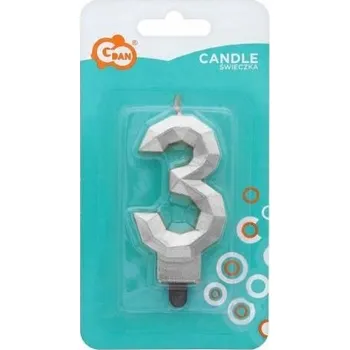 Dortová svíčka NAROZENINOVÁ SVÍČKA NA DORT ČÍSLICE 3 Diamant metalická stříbrná 7,6 cm