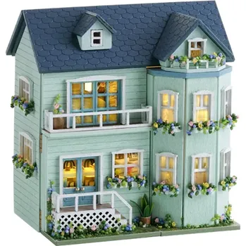 Dřevěná hračka Mini dřevěný domeček pro panenky 8,5 x 6,2 x 9,8 cm DIY model se světlem a nábytkem Ručně sestavitelná miniatura Stavebnice bez lepidla a baterií