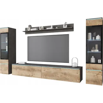 Obývací stěna OBÝVACÍ SESTAVA VERA II VITRÍNA ZÁVĚSNÁ POLICE NÁBYTKOVÁ STĚNA DUB ARTIS