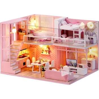 Dřevěná hračka Dřevěný mini domeček pro panenky 24,5 x 20,5 x 15,6 cm DIY model stavebnice s nábytkem Kryt proti prachu Ručně sestavitelná 3D miniatura