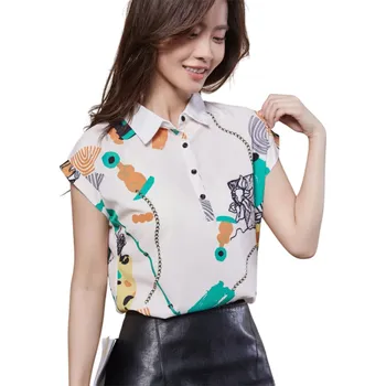 Dámská halenka Dámská halenka s moderním barevným potiskem Krátký rukáv Bílý košilový límeček Lehký top s knoflíky do pasu Elegantní halenka na léto S