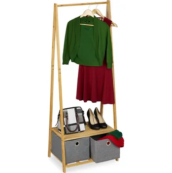 Věšák Bambusový stojan na oblečení s látkovými krabicemi