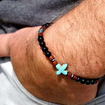 Náramek Černý matný onyx s dřevěnými korálky | pánský náramek, korálkový náramek - A12