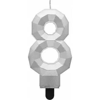 Dortová svíčka DIAMANTOVÁ SVÍČKA Číslice 8. NAROZENINOVÁ na dort STŘÍBRNÁ metalická 7.6 cm