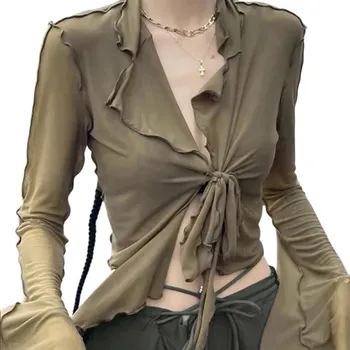 Dámský průhledný crop top s dlouhým rukávem a výstřihem do V Elegantní síťovaný top na zavazování Halenka do pasu na léto armádní zelená