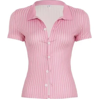 Dámská košile Dámská pruhovaná košile s krátkým rukávem Elegantní crop halenka s knoflíky Stylová upnutá letní košile Ležérní top do pasu růžová L