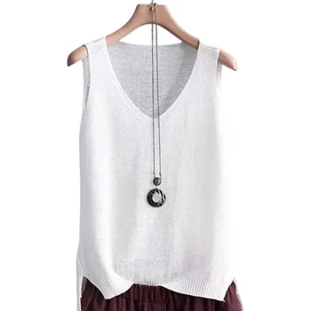 Dámský pletený top bez rukávů s výstřihem do V Elegantní vzdušný úpletový tílko volného střihu Letní top do kanceláře i na volný čas bílá