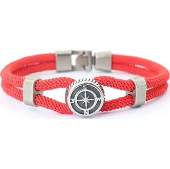 Šperk Vikingský náramek s přívěskem s motivem kompasu | pánský náramek, pletený náramek - červený , S 18.5cm 7.3inch