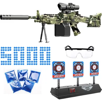 Dětská zbraň Export Automatická Gelová Puška maskáčová se čtvercovým zásobníkem M249 + brýle + elektronický terč